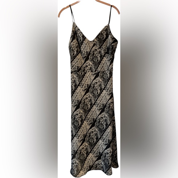 RAG Black Cream Lace Print Slip Midi Dress Bias Cut Side Zip Romantic Goth - Picture 2 of 4